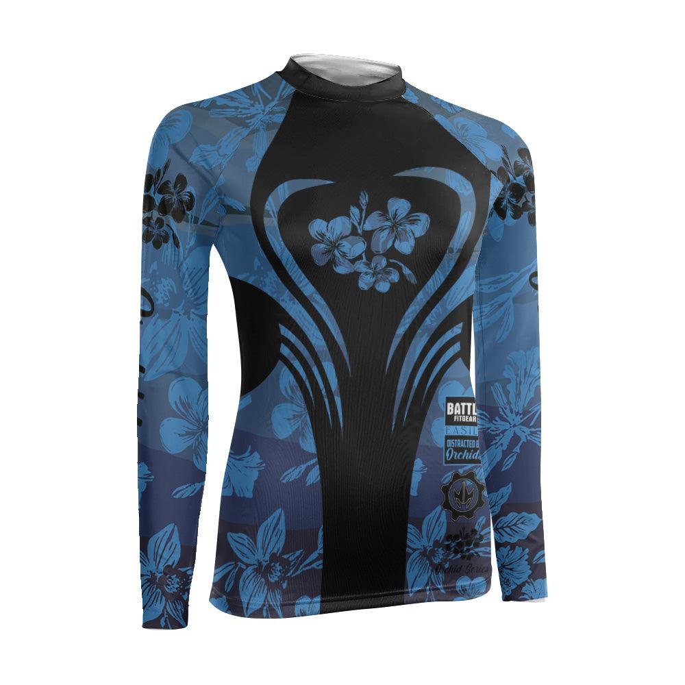 Orchid Series Floral Blue Heart Pattern Women's Long Sleeve Rash Guard