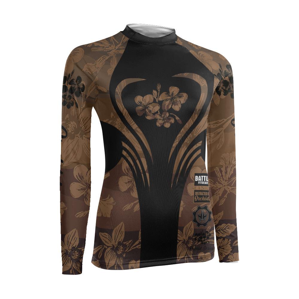 Orchid Series Floral Brown Heart Pattern Women's Long Sleeve Rash Guard