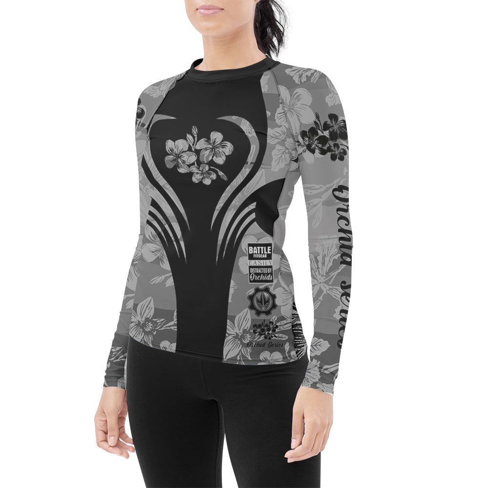 Orchid Series Floral Grey Heart Pattern Women's Long Sleeve Rash Guard