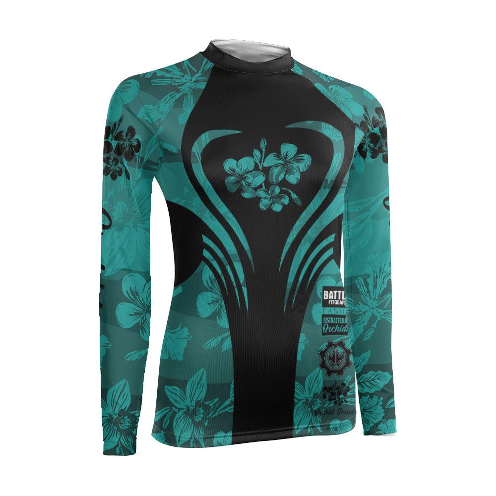 Orchid Series Viking Teal Heart Pattern Women's Long Sleeve Rash Guard
