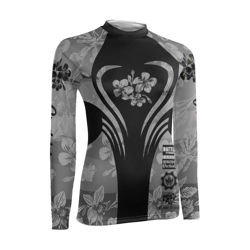 Orchid Series Floral Grey Heart Pattern Women's Long Sleeve Rash Guard