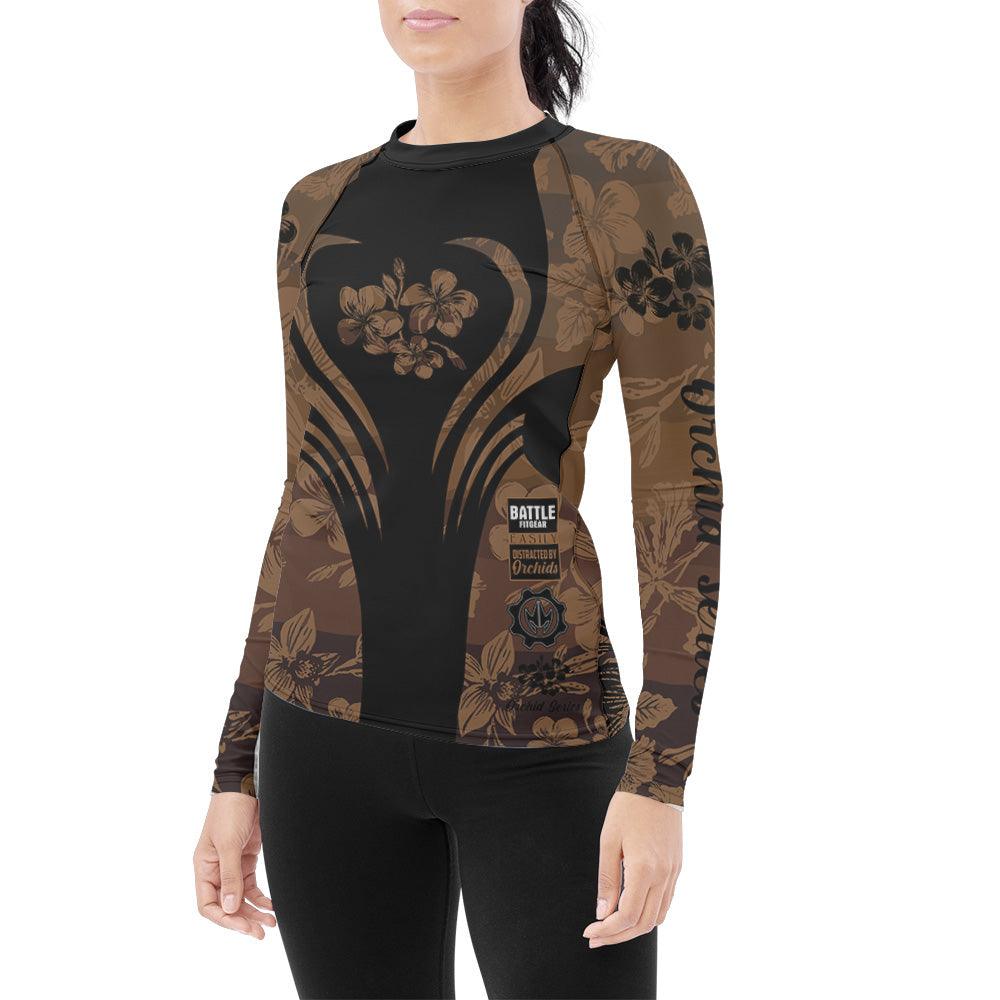 Orchid Series Floral Brown Heart Pattern Women's Long Sleeve Rash Guard