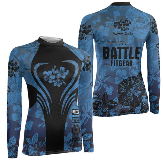 Orchid Series Floral Blue Heart Pattern Women's Long Sleeve Rash Guard