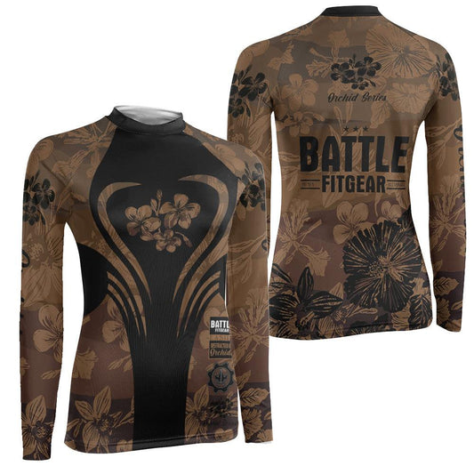 Orchid Series Floral Brown Heart Pattern Women's Long Sleeve Rash Guard