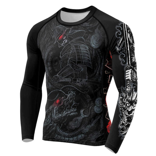 Samurai & Gray Dragon Men's Long Sleeve Rash Guard - BattleFitGear