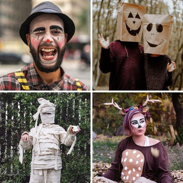 Collage of easy Halloween costumes including clown makeup, paper bag masks, mummy wrap, and deer costume outdoors