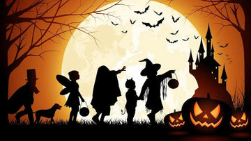 Silhouettes of children in Halloween costumes with pumpkins and bats under a full moon near a haunted castle
