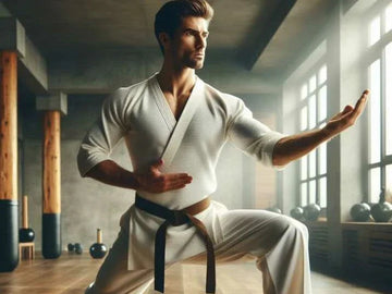 Man practicing karate in dojo wearing white gi and black belt, striking martial arts pose