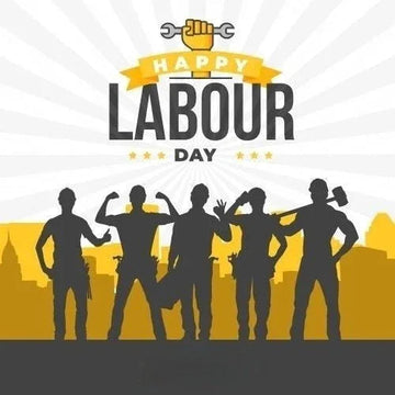 Happy Labour Day graphic with silhouettes of five workers holding tools against city skyline
