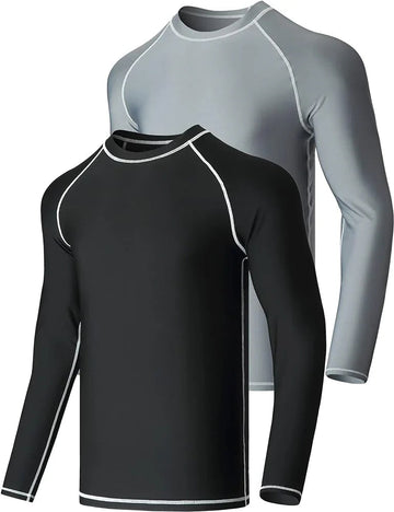 Black and gray long sleeve compression shirts with white contrast stitching, athletic base layer tops