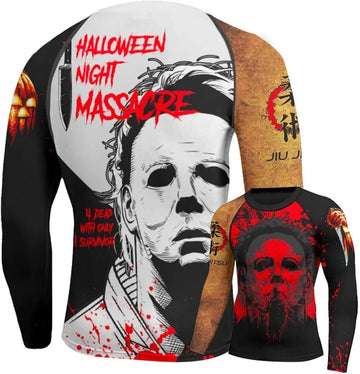 Halloween Night Massacre long sleeve shirt with horror mask and bloody design in red, black, and brown colors