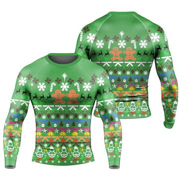 Green long-sleeve Christmas shirt with gingerbread men, snowflakes, candy canes, reindeer, and festive holiday patterns