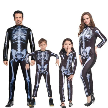 Family of four wearing black skeleton bone print full body Halloween costumes on white background