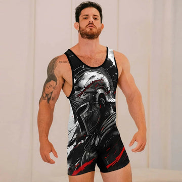 Muscular man wearing black wrestling singlet with detailed Spartan warrior helmet design