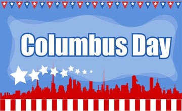 Columbus Day banner with red city skyline, white stars, and blue background with patriotic red, white, and blue accents