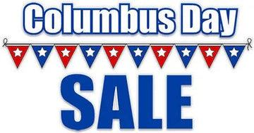 Columbus Day Sale banner with blue and red star pennant garland on white background