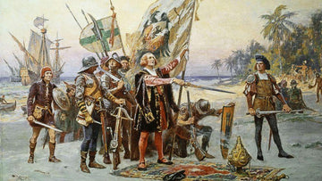 Painting of Christopher Columbus and crew landing on a beach with ships in the background during exploration