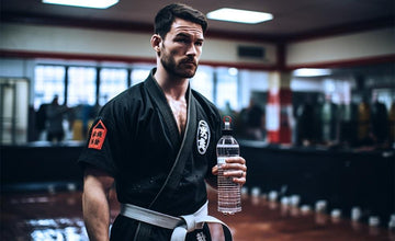 Man in black martial arts gi with white belt holding water bottle in dojo gym