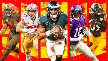 NFL players in action wearing team uniforms of Browns, 49ers, Eagles, Vikings, and Steelers on a bright red-yellow background