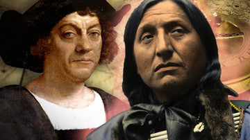 Portraits of Christopher Columbus and a Native American man against a vintage map background