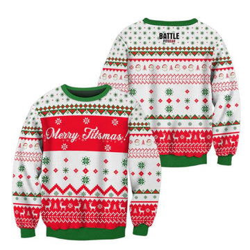Front and back view of a white Christmas sweater with red and green festive patterns and text Merry Titsmas