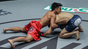 MMA fighters grappling on octagon mat, one in red shorts performing a wrestling sprawl defense