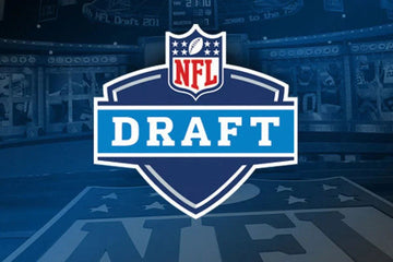 NFL Draft logo on blue background with football and shield, featuring the word DRAFT in white and blue
