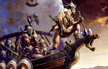 Muscular Viking warriors in horned helmets on an ornate dragon-headed ship at sunset