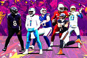 Illustration of six NFL players in colorful uniforms posing against vibrant purple graffiti background