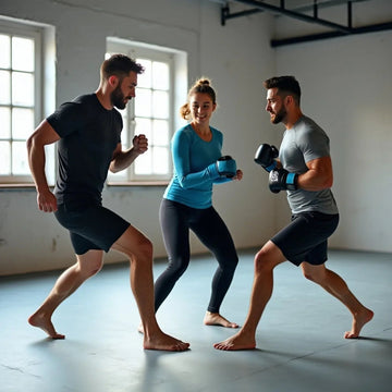 Three barefoot young adults in workout clothes boxing indoors with boxing gloves in a bright room