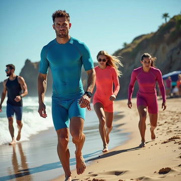 Group of four fit adults in colorful wetsuits walking on sunny beach by ocean and cliffs