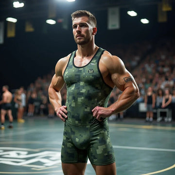 Muscular male wrestler in green camo singlet standing confidently on wrestling mat in gymnasium