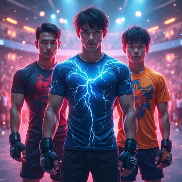 Three intense male mixed martial artists in gloves and graphic t-shirts standing in a glowing arena