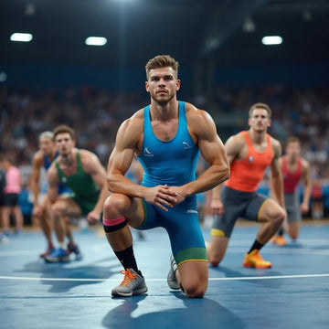 Muscular male athlete in blue singlet kneeling on an indoor track with other runners warming up in background