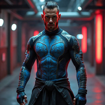 Muscular man in futuristic blue armored suit standing in a dim industrial corridor with red lighting