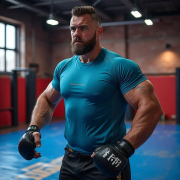 Muscular bearded man in blue shirt and boxing gloves in a gym with red and blue mats