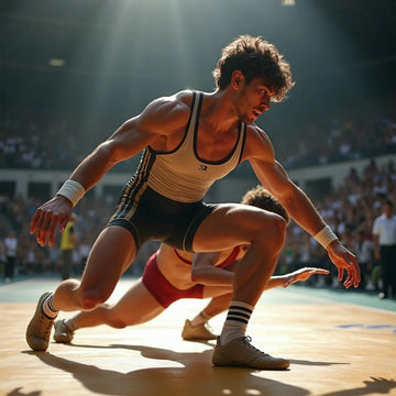 Two male wrestlers in action on mat, focused athlete in white singlet with shorts in crowded arena