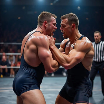 Two muscular wrestlers in black singlets competing intensely in a wrestling ring with a referee watching