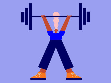 Illustration of a person lifting a heavy barbell weighing with orange shoes on blue background