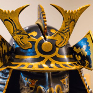 Close-up of traditional Japanese samurai helmet with gold and blue ornate details