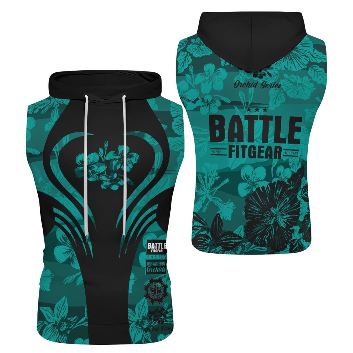 Orchid Series Floral Teal Heart Pattern Sleeveless Pullover & Zip Hoodie - BattleFitGear