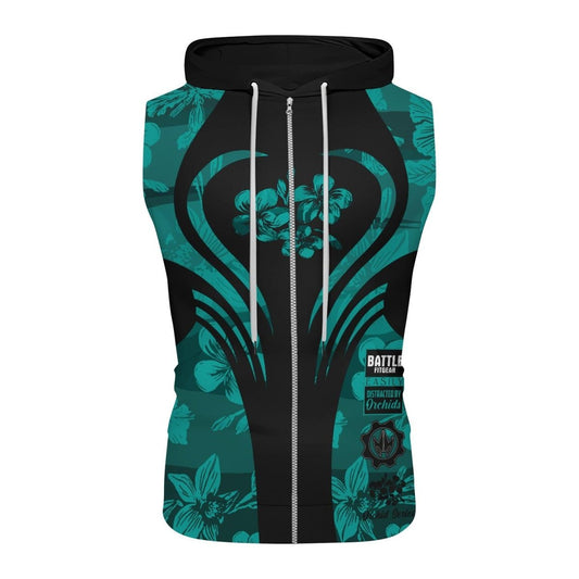 Orchid Series Floral Teal Heart Pattern Sleeveless Pullover & Zip Hoodie - BattleFitGear