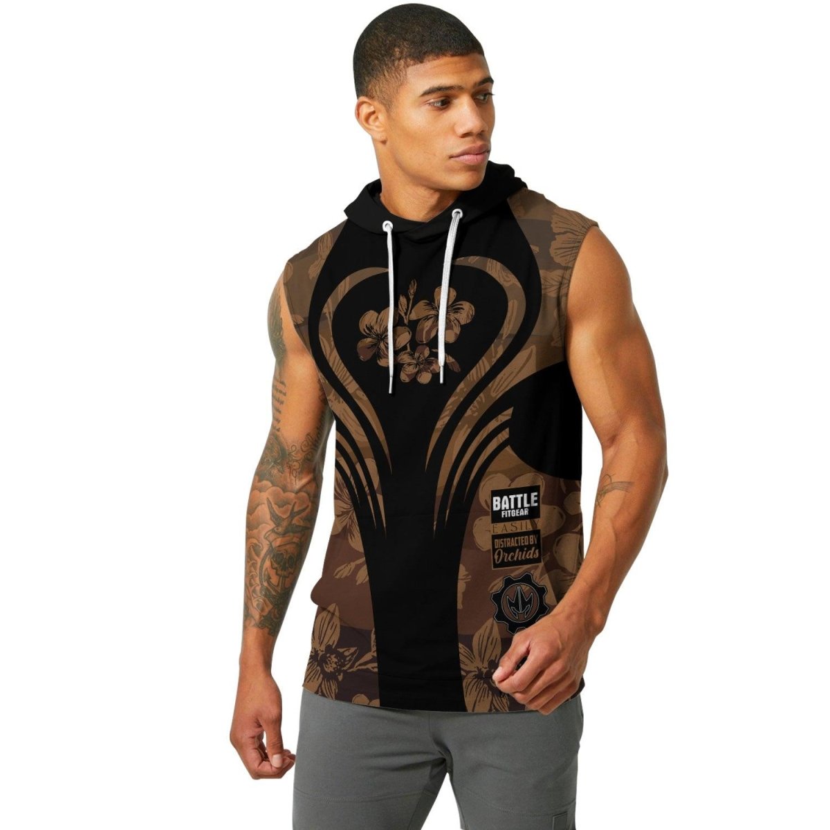 Orchid Series Floral Brown Heart Pattern Sleeveless Pullover & Zip Hoodie - BattleFitGear