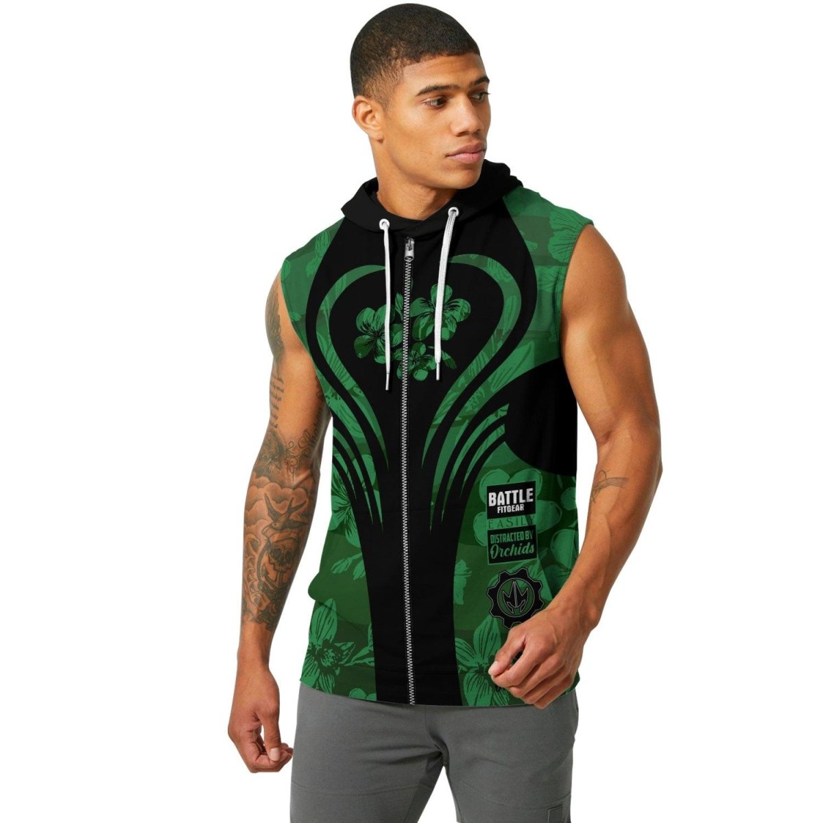 Orchid Series Floral Green Heart Pattern Sleeveless Pullover & Zip Hoodie - BattleFitGear