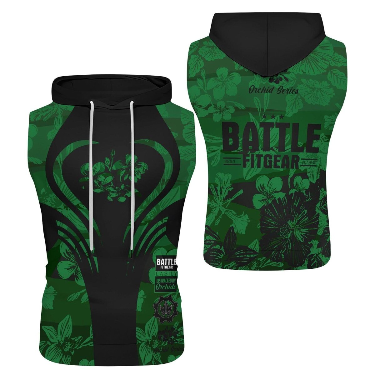 Orchid Series Floral Green Heart Pattern Sleeveless Pullover & Zip Hoodie - BattleFitGear