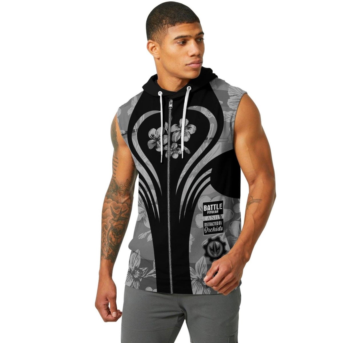 Orchid Series Floral Grey Heart Pattern Sleeveless Pullover & Zip Hoodie - BattleFitGear