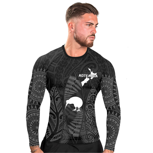 Aotearoa Kiwi Bird Grey Men's Long Sleeve Rash Guard