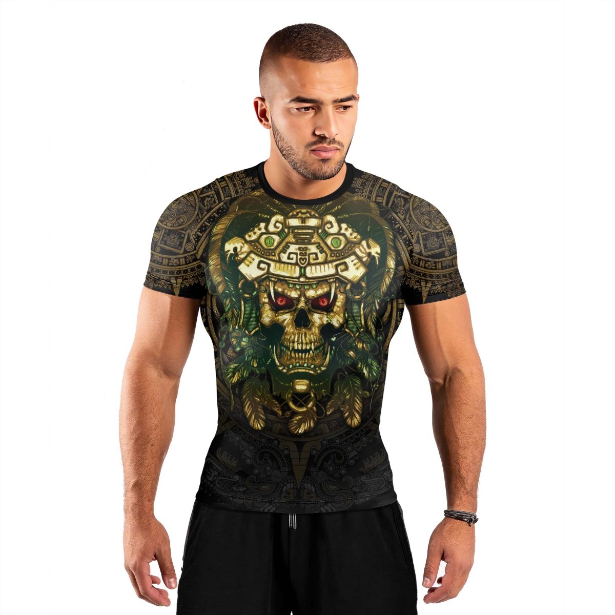 Aztec Jungle Warrior Mask Men's Short Sleeve Rash Guard - BattleFitGear