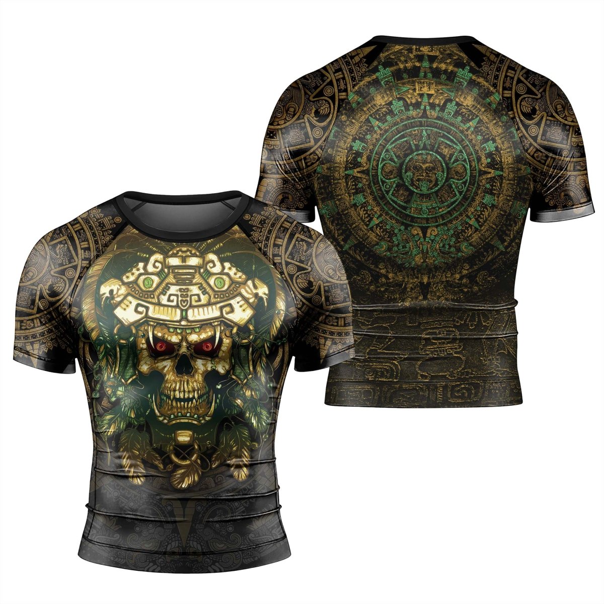 Aztec Jungle Warrior Mask Men's Short Sleeve Rash Guard - BattleFitGear