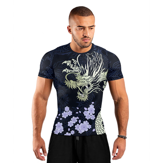 Cherry Blossom Dragon Men's Short Sleeve Rash Guard